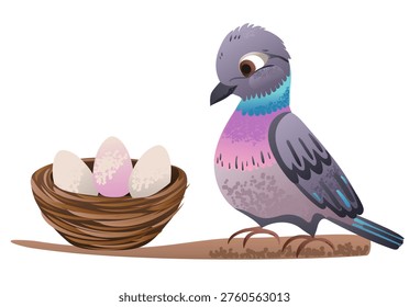 Cute bird siiting on branch with nest and eggs on transparent background