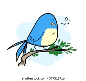 Cute Bird Singing, a hand drawn vector illustration of a bird standing on a twig, singing happily, isolated on a simple light blue-colored background (editable).