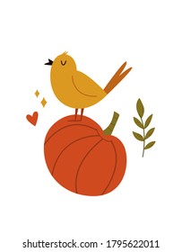 Cute bird singing on a pumpkin, Autumn vibes, vector illustration. Nursery art, print