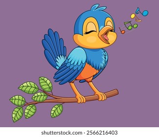 Cute bird singing on a tree branch vector