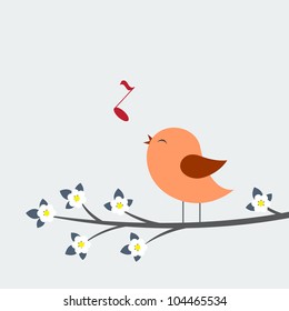 Cute bird sings. Spring vector card