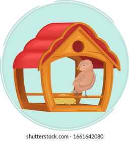 Cute bird sits in a bird feeder