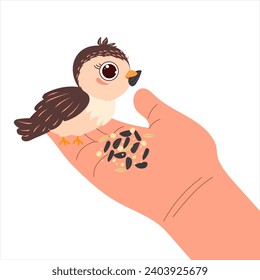 A cute bird sits on the hand. A bird eats and pecks grain, seeds from the hand. Cartoon