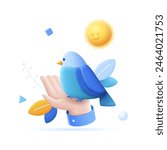Cute bird sitting calmly on person palm under smiling sun. Taking care of flying animals in wild nature. Avian pet friendly to human pseudo 3D cartoon composition. Small birdie on hand graphic design