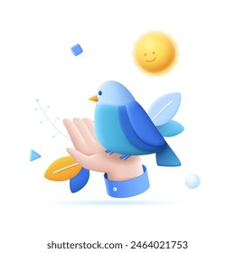 Cute bird sitting calmly on person palm under smiling sun. Taking care of flying animals in wild nature. Avian pet friendly to human pseudo 3D cartoon composition. Small birdie on hand graphic design