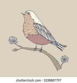 Cute bird sitting on a branch outline vector illustration