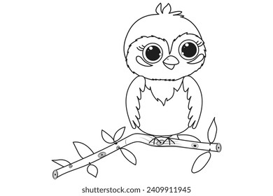 A cute bird sitting on a branch coloring book. Vector illustration, coloring book for children. Doodle background. cartoon characters