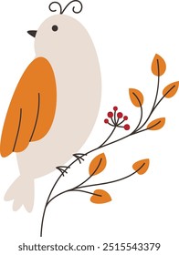 Lindo pájaro sentado en una rama de un árbol de otoño. Hermosa etiqueta engomada del pájaro para su diario.