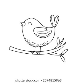 Cute bird sitting on a branch singing happily in a sketch-style illustration with natural elements