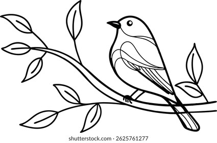 Netter Vogel sitzt auf Zweig mit Blättern einfache Linie Kunst Illustration