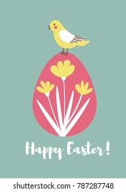 a cute bird sitting on an easter egg decorated with flowers; Happy Easter poster or card; vector flat illustration