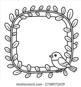 Cute Bird Sitting on Leafy Frame Coloring Page for Kids and Adults