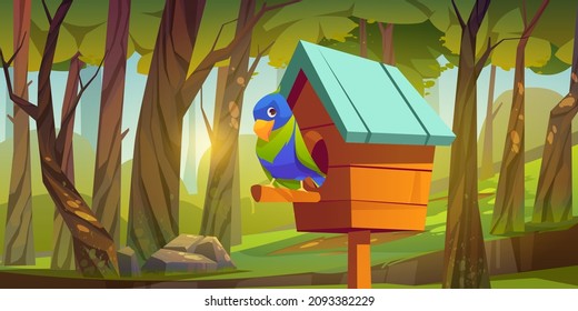 Un pájaro lindo sentado en una percha de madera de pajar con techo de ladera azul sobre el bosque de verano o el fondo del parque. Hogar, alimentador o nido con entrada de hoyo. Artesanías, protección de la naturaleza, ilustración vectorial de dibujos animados