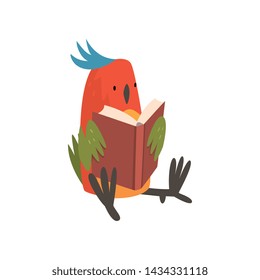 Cute Bird Sitting and Reading Book, Funny Birdie Cartoon Character with Bright Colorful Feathers and Tuft Vector Illustration