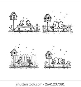 Cute bird sketches birdhouse love birds on bench vector illustration valentines day design drawing art