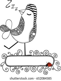 Cute bird sleeping with blank banner and ladybird
