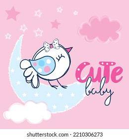 Cute bird sleeping on the moon vector illustration.