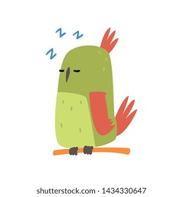 Cute Bird SLeeping on Perch, Funny Birdie Cartoon Character with Bright Green Feathers Vector Illustration