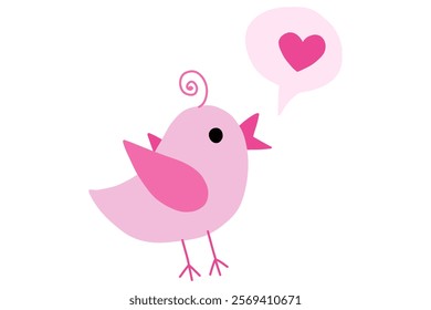 Cute bird with speech bubble with heart illustration. Valentine's day decorative element. Stock vector illustration isolated on white background.