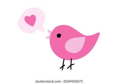 Cute bird with speech bubble with heart illustration. Valentine's day decorative element. Stock vector illustration isolated on white background.