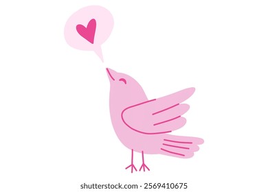 Cute bird with speech bubble with heart illustration. Valentine's day decorative element. Stock vector illustration isolated on white background.