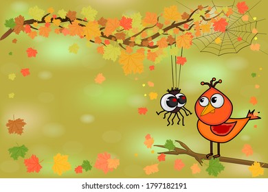 Cute bird and spider on tree branch. Spider and bird look at each other on autumn background. Happy Halloween or fall poster, greeting card, postcard. Stock vector in cartoon style with copy space.