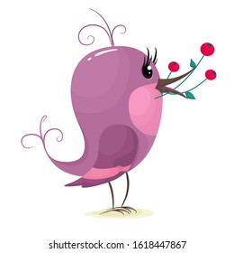 Cute bird with a sprig of berries in its beak. Vector illustration in cartoon flat style. Isolate on a white background.