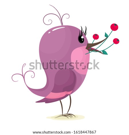 Cute bird with a sprig of berries in its beak. Vector illustration in cartoon flat style. Isolate on a white background.
