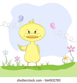 Cute  bird  spring among the flowers. Vector color illustration