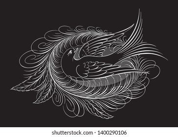 cute bird, spring symbol calligraphic text, white line doodle drawing on black background, hand drawn vector illustration.
