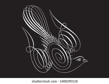 cute bird, spring symbol calligraphic text, white line doodle drawing on black background, hand drawn vector illustration.