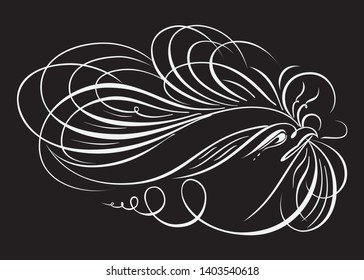 cute bird, spring symbol calligraphic text, white line doodle drawing on black background, hand drawn vector illustration.