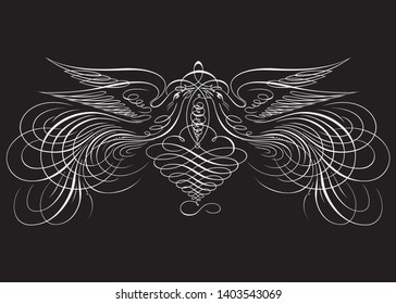 cute bird, spring symbol calligraphic text, white line doodle drawing on black background, hand drawn vector illustration.