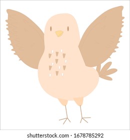Cute bird standing, wings up in vector design. Adorable character isolated on white background. Stylised clipart, silhouette and sweet. Comic.