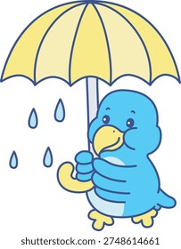 Cute Bird sticker icon. Funny Bird bring an umbrella 