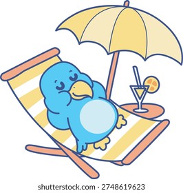 Cute Bird sticker icon. Funny Bird laying in the beach