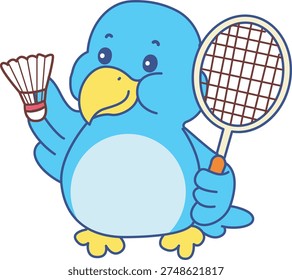 Cute Bird sticker icon. Funny Bird playing a badminton