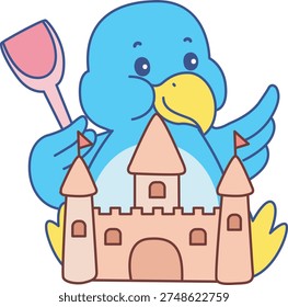Cute Bird sticker icon. Funny Bird playing a sand castle