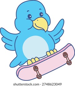 Cute Bird sticker icon. Funny Bird playing a skateboard 