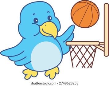 Cute Bird sticker icon. Funny Bird playing a basketball 