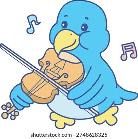 Cute Bird sticker icon. Funny Bird playing a violin