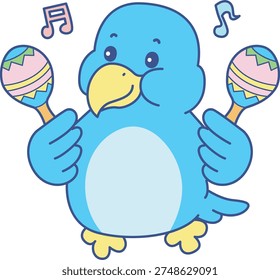 Cute Bird sticker icon. Funny Bird playing a maracas 