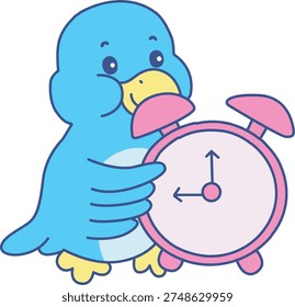 Cute Bird sticker icon. Funny Bird bring an alarm clock 