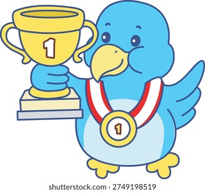 Cute Bird sticker icon. Funny Bird bring a trophy