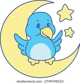 Cute Bird sticker icon. Funny Bird in the moon 
