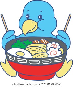 Cute Bird sticker icon. Funny Bird want to eating ramen