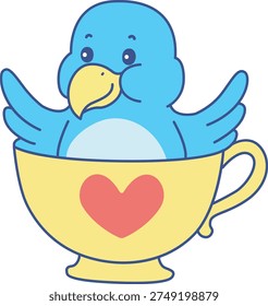 Cute Bird sticker icon. Funny Bird stuck in the love tea