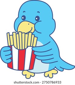 Cute Bird sticker icon. Funny Bird bring a french fries 