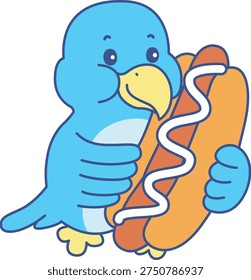 Cute Bird sticker icon. Funny Bird bring a hot dog