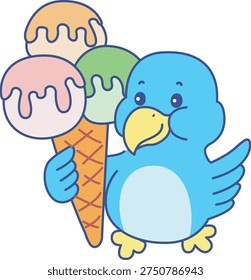 Cute Bird sticker icon. Funny Bird bring a three scoop of ice cream